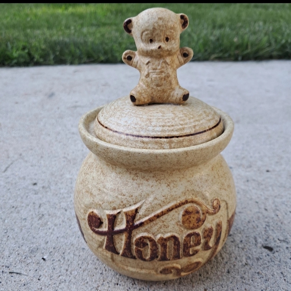 Vintage Pottery Craft Honey Pot Jar with Bear Finial Lid - "Honey" Stoneware